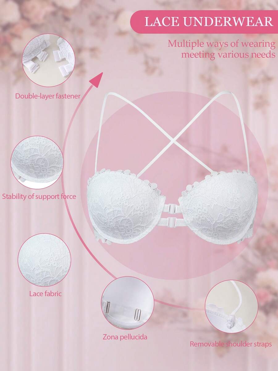 1pc Women's Underwire Front Closure Lace Bra, Sexy & Comfortable Lift And Support
