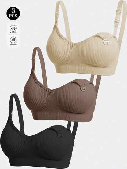 3-Pack Seamless Maternity Nursing Bras, Wireless Front-Snap Breastfeeding Sleep Bra with Removable Padding, Multicolor Set