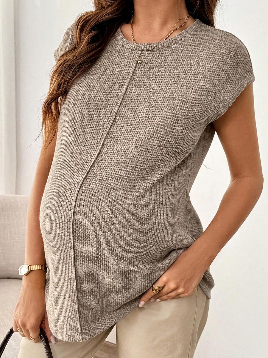 Maternity Round Neck Tee - Batwing Cap Sleeve, Loungewear, Medium Stretch, Coffee Brown