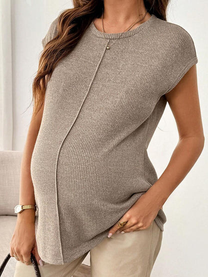 Maternity Round Neck Tee - Batwing Cap Sleeve, Loungewear, Medium Stretch, Coffee Brown