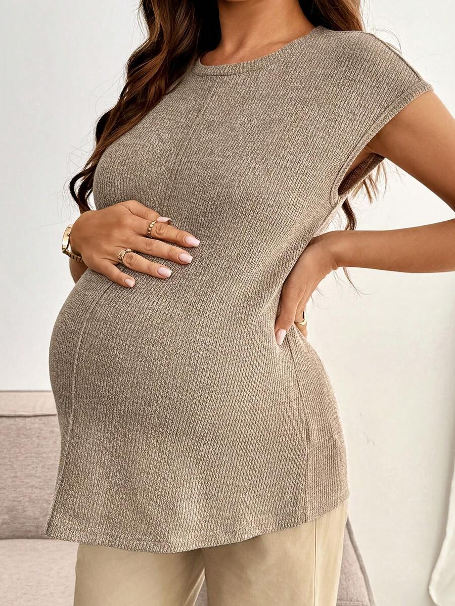 Maternity Round Neck Tee - Batwing Cap Sleeve, Loungewear, Medium Stretch, Coffee Brown