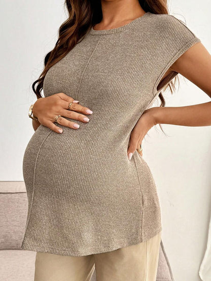 Maternity Round Neck Tee - Batwing Cap Sleeve, Loungewear, Medium Stretch, Coffee Brown