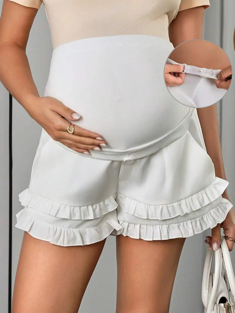 Maternity Skort Mini Shorts - Ribbed Waist, Faux Fly Button, Pocket, Ruffle Hem, Loose, White