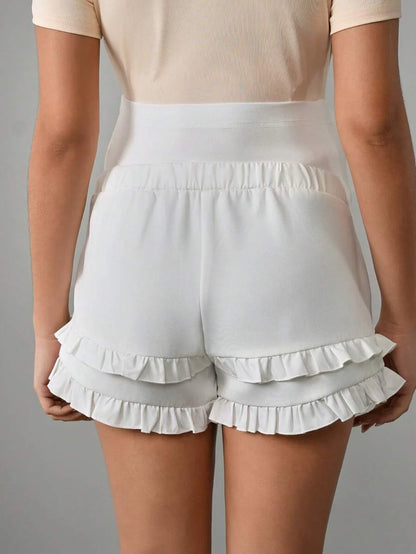 Maternity Skort Mini Shorts - Ribbed Waist, Faux Fly Button, Pocket, Ruffle Hem, Loose, White