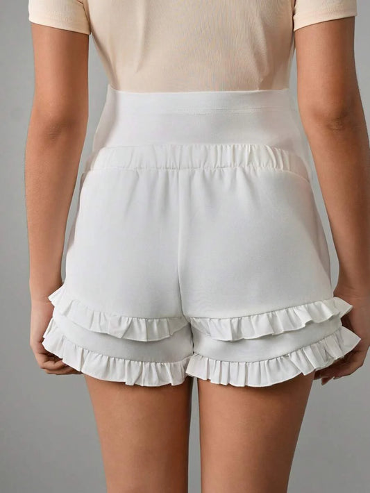 Maternity Skort Mini Shorts - Ribbed Waist, Faux Fly Button, Pocket, Ruffle Hem, Loose, White