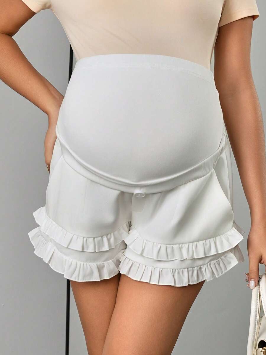 Maternity Skort Mini Shorts - Ribbed Waist, Faux Fly Button, Pocket, Ruffle Hem, Loose, White