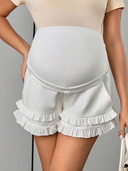 Maternity Skort Mini Shorts - Ribbed Waist, Faux Fly Button, Pocket, Ruffle Hem, Loose, White