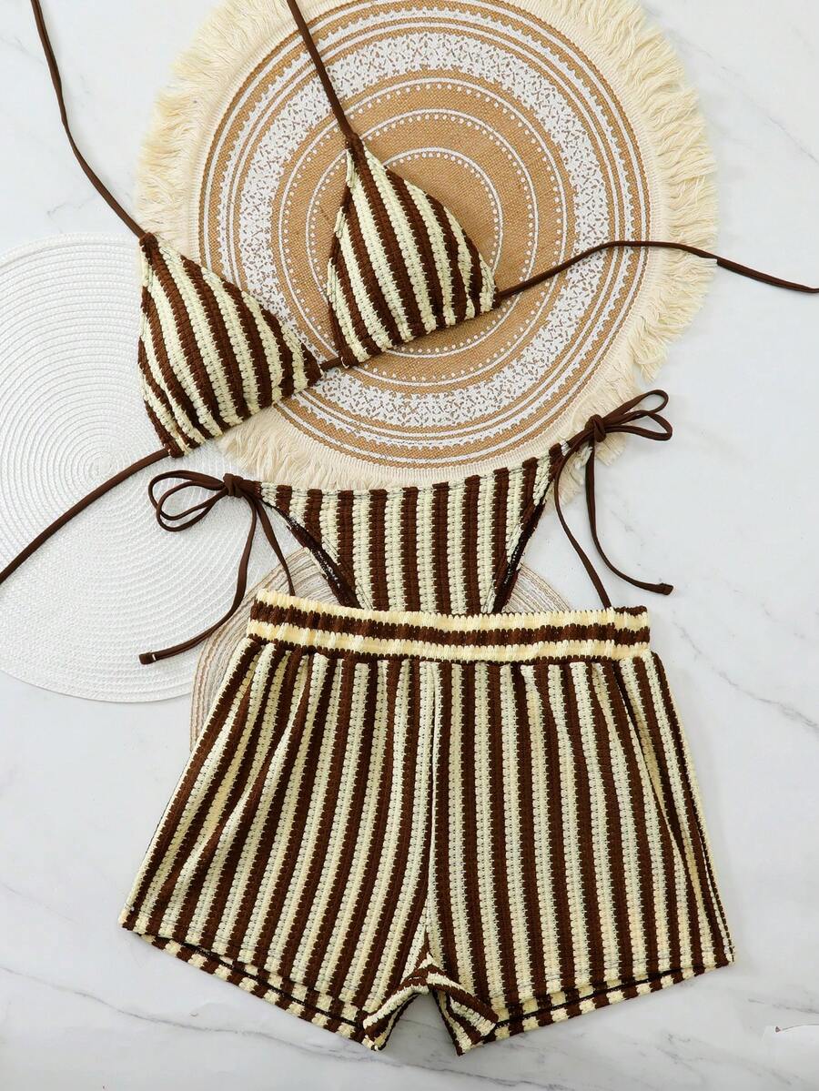 Women's 3-Piece Boho Crochet Bikini Set - Drawstring Cover-Up, Halter, Shorts, Royal Blue