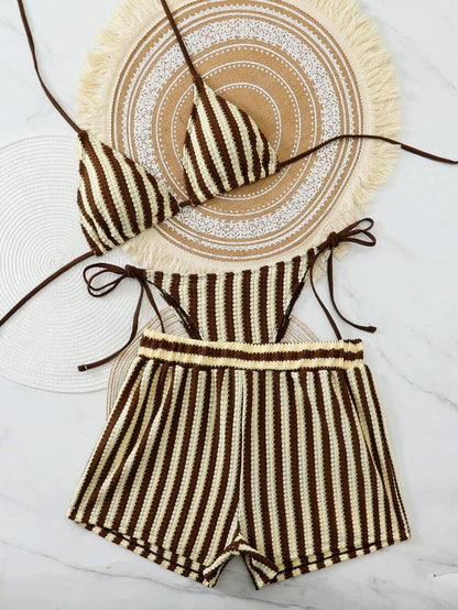 Women's 3-Piece Boho Crochet Bikini Set - Drawstring Cover-Up, Halter, Shorts, Royal Blue