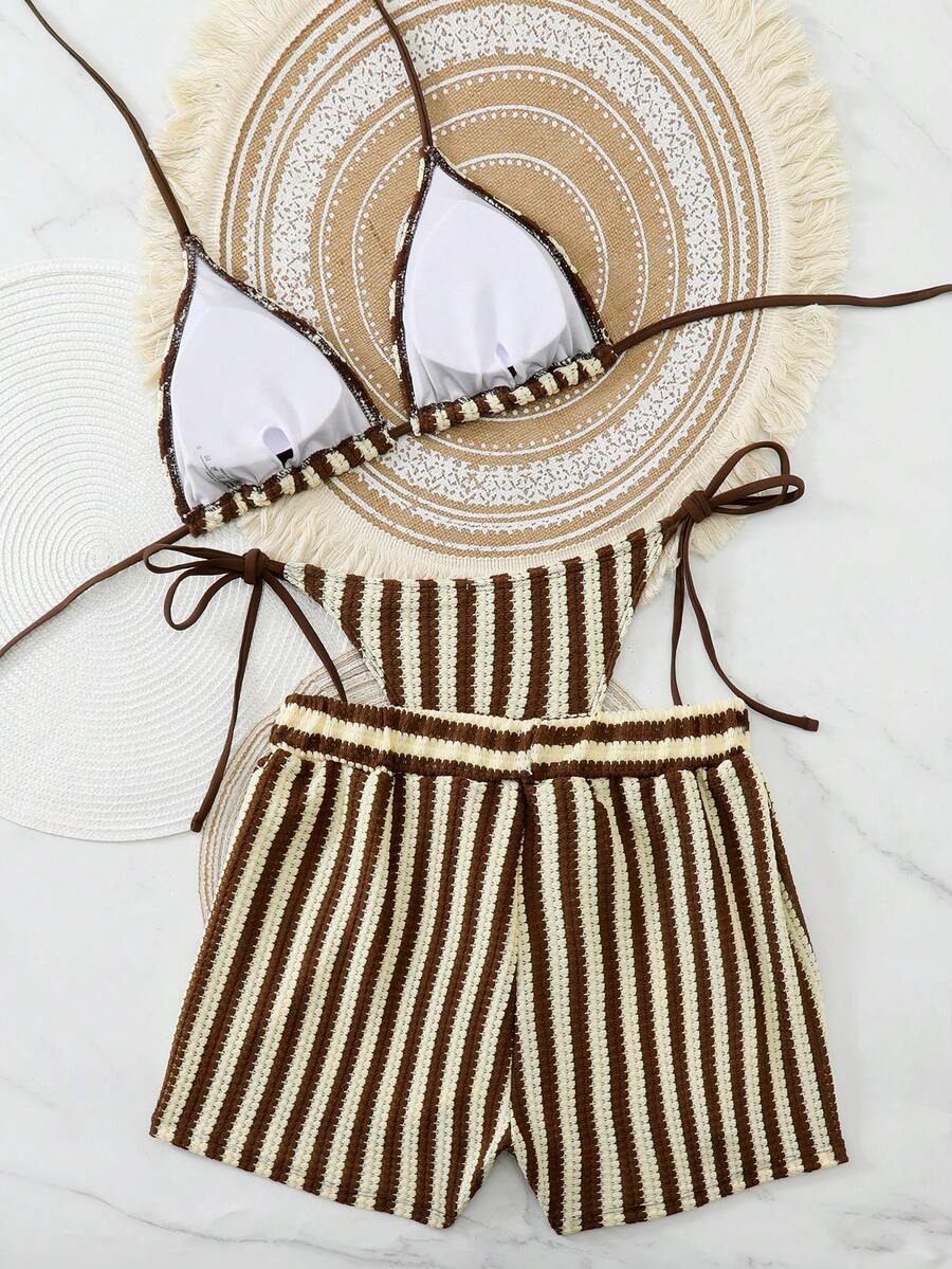 Women's 3-Piece Boho Crochet Bikini Set - Drawstring Cover-Up, Halter, Shorts, Royal Blue