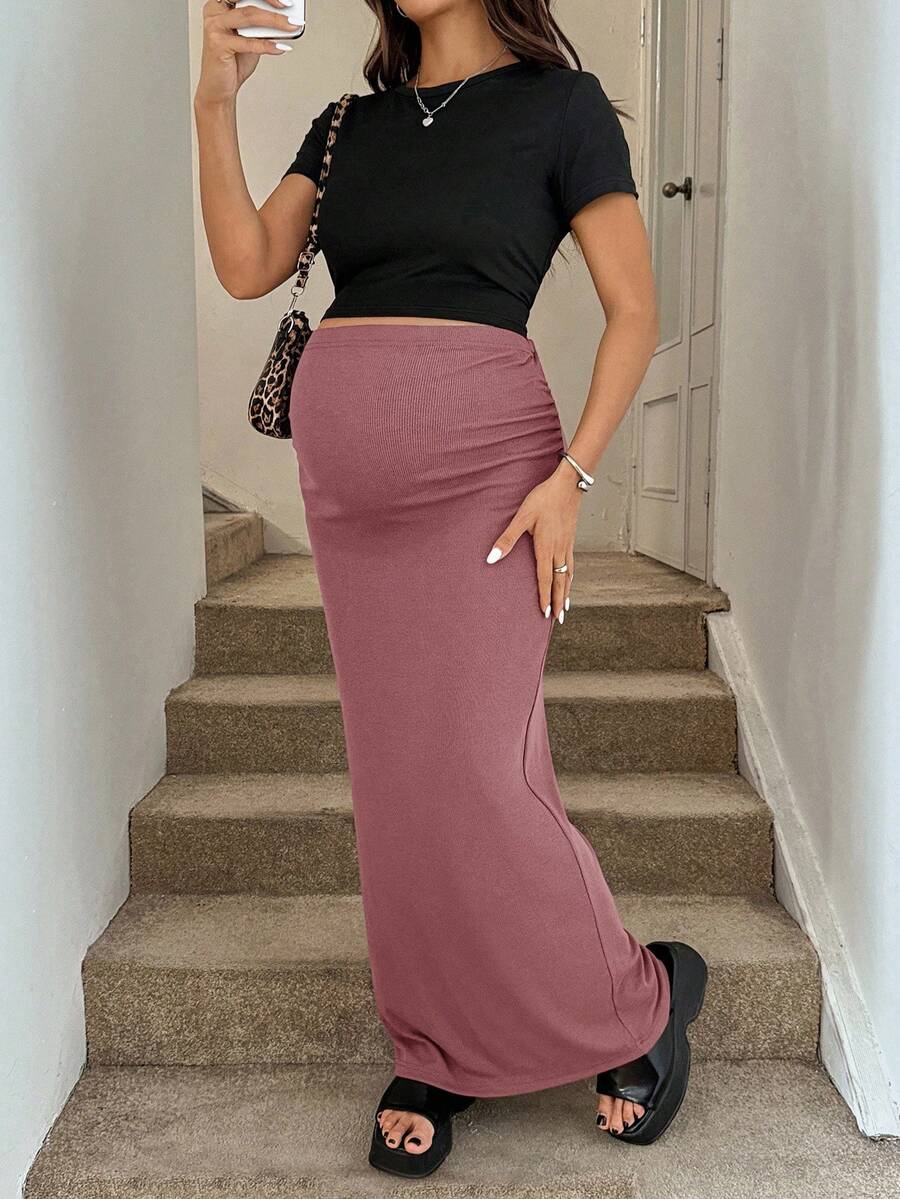Maternity High Waist Pencil Maxi Skirt - Skinny Fit, Stretch Knit, Camel