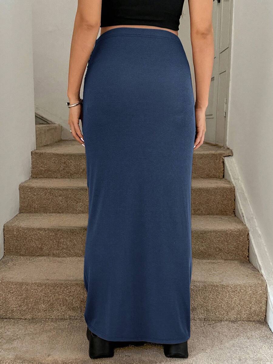 Maternity High Waist Pencil Maxi Skirt - Skinny Fit, Stretch Knit, Camel