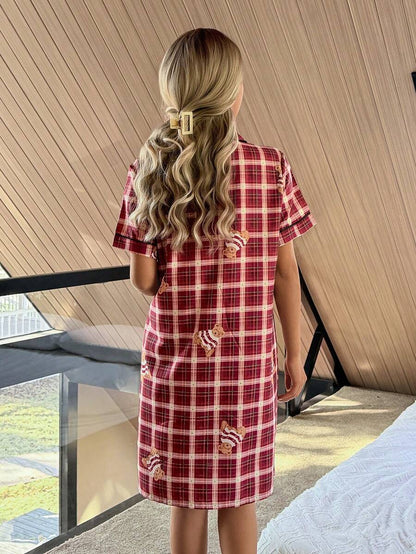 Women Bear Print Button Up Sleepwear Dress Lapel Collar Cute Nightgown Pajamas