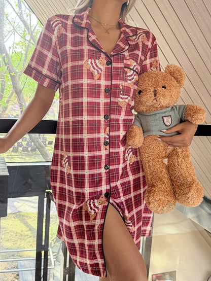 Women Bear Print Button Up Sleepwear Dress Lapel Collar Cute Nightgown Pajamas
