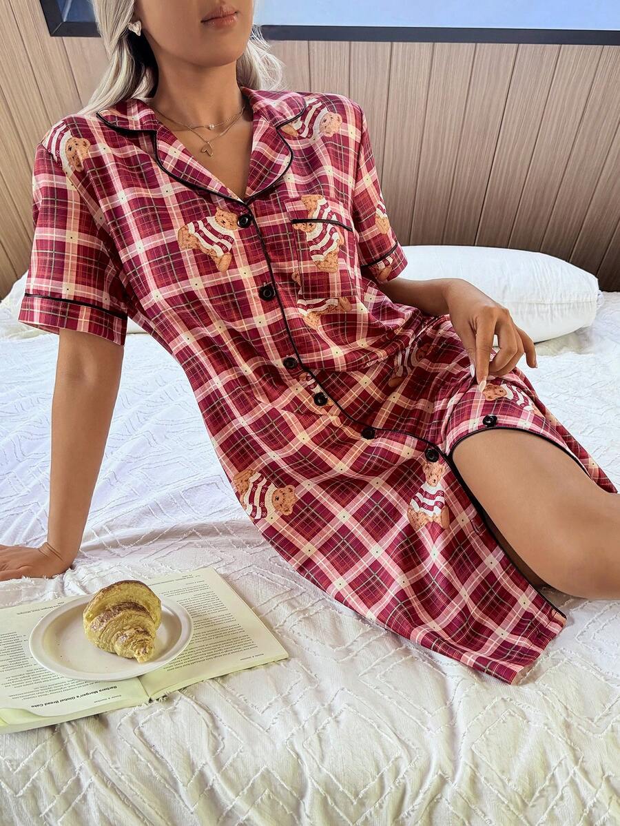Women Bear Print Button Up Sleepwear Dress Lapel Collar Cute Nightgown Pajamas