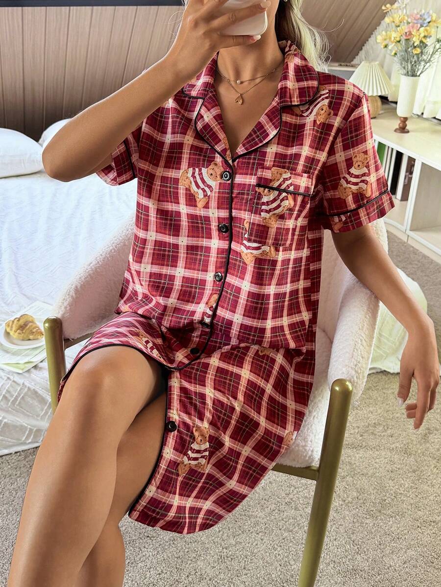 Women Bear Print Button Up Sleepwear Dress Lapel Collar Cute Nightgown Pajamas