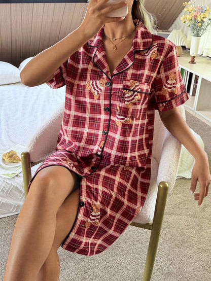 Women Bear Print Button Up Sleepwear Dress Lapel Collar Cute Nightgown Pajamas