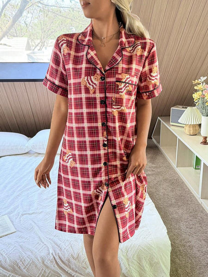 Women Bear Print Button Up Sleepwear Dress Lapel Collar Cute Nightgown Pajamas