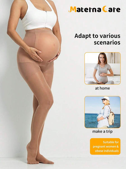 Maternity Semi-Sheer Nylon Tights in Apricot, 80D Belly Support Leggings for Pregnancy, Soft Non-Constrictive Maternity Hosiery