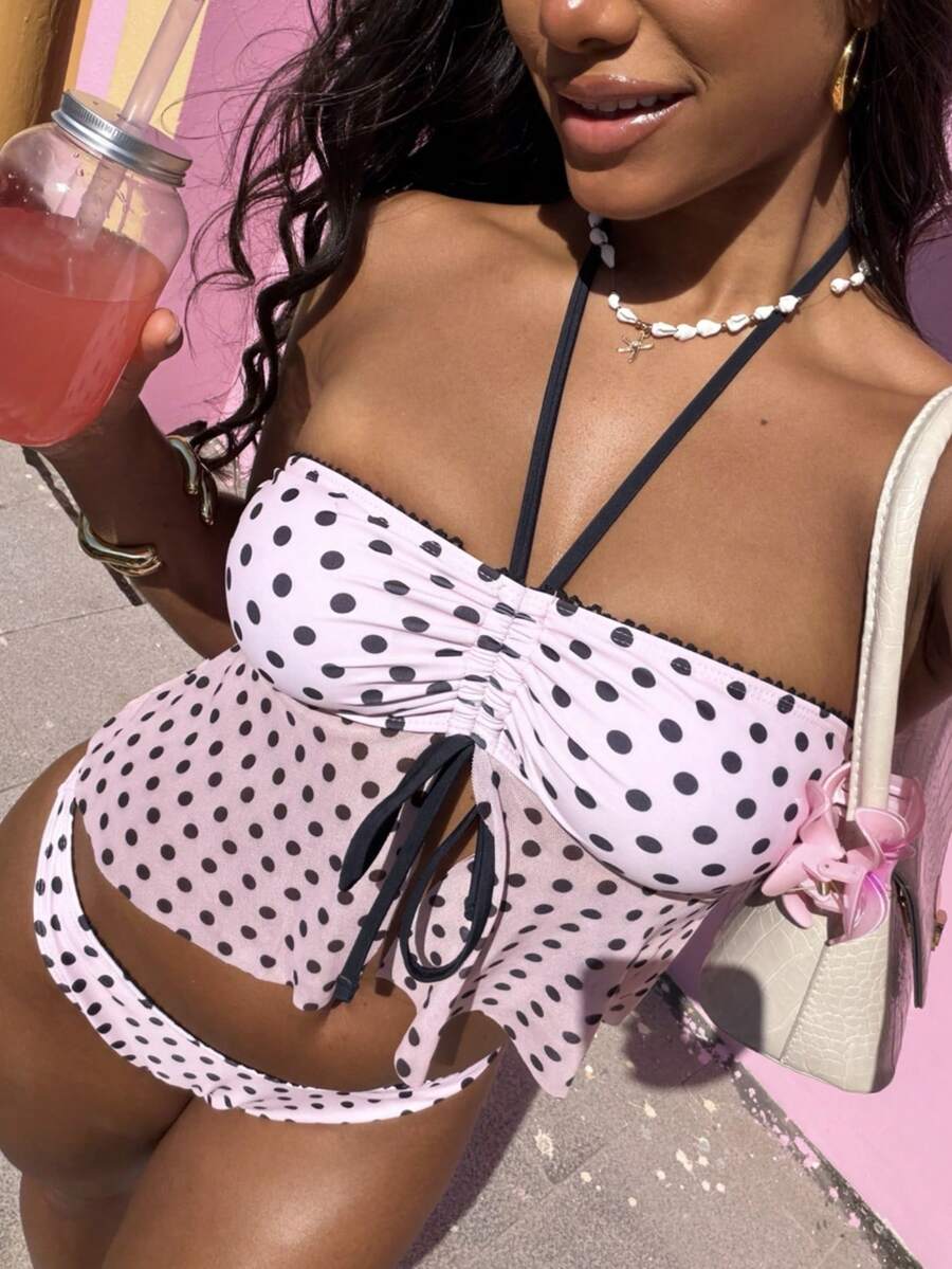 Women's Polka Dot 2-Piece Bikini Set - Lace-Up, Spaghetti Strap, Hipsters, Pink