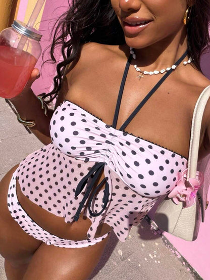 Women's Polka Dot 2-Piece Bikini Set - Lace-Up, Spaghetti Strap, Hipsters, Pink