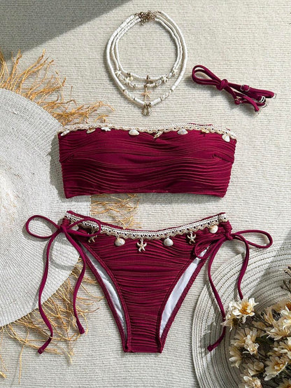 Women's 2-Piece Textured Bandeau Bikini Set - Shell Strap, Tie Side, Lace Up, White