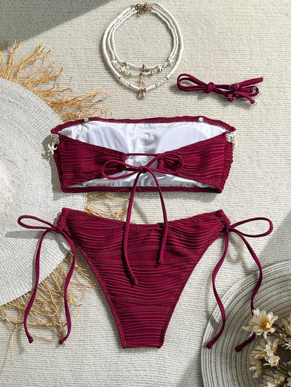 Women's 2-Piece Textured Bandeau Bikini Set - Shell Strap, Tie Side, Lace Up, White