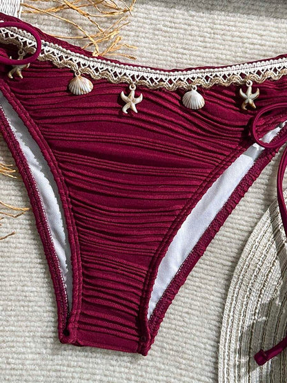 Women's 2-Piece Textured Bandeau Bikini Set - Shell Strap, Tie Side, Lace Up, White