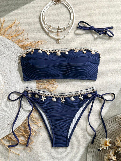 Women's 2-Piece Textured Bandeau Bikini Set - Shell Strap, Tie Side, Lace Up, White