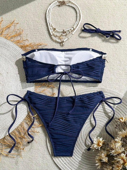 Women's 2-Piece Textured Bandeau Bikini Set - Shell Strap, Tie Side, Lace Up, White