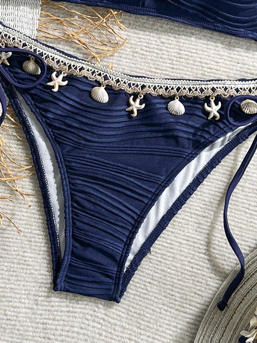 Women's 2-Piece Textured Bandeau Bikini Set - Shell Strap, Tie Side, Lace Up, White