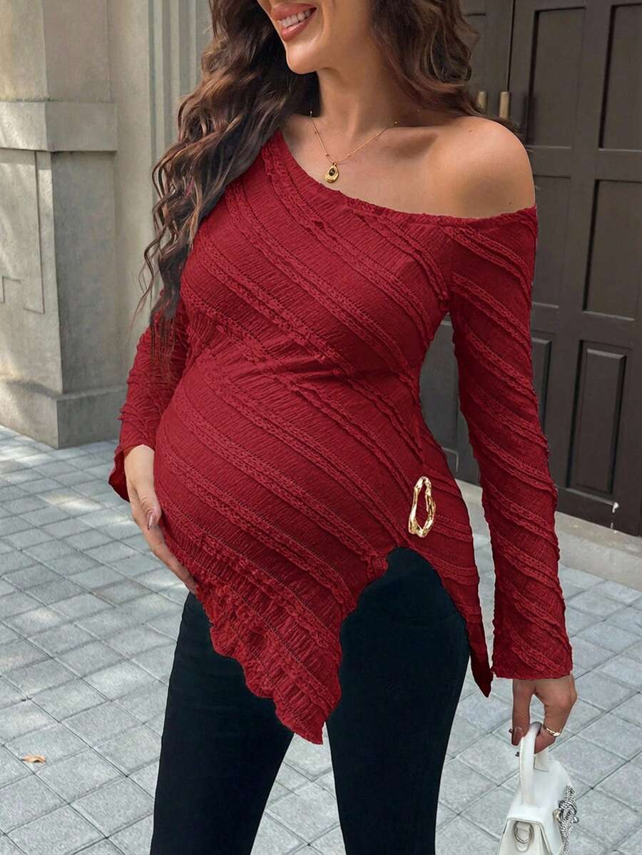 Maternity One Shoulder Long Bell Sleeve Shirt - Asymmetrical Ruffle Hem Slim Fit Rib Knit Jacquard Top for Beach & Casual Wear