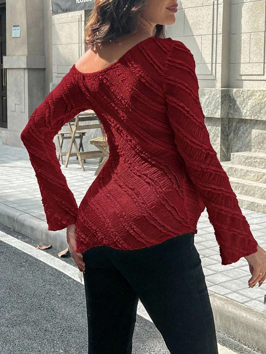 Maternity One Shoulder Long Bell Sleeve Shirt - Asymmetrical Ruffle Hem Slim Fit Rib Knit Jacquard Top for Beach & Casual Wear