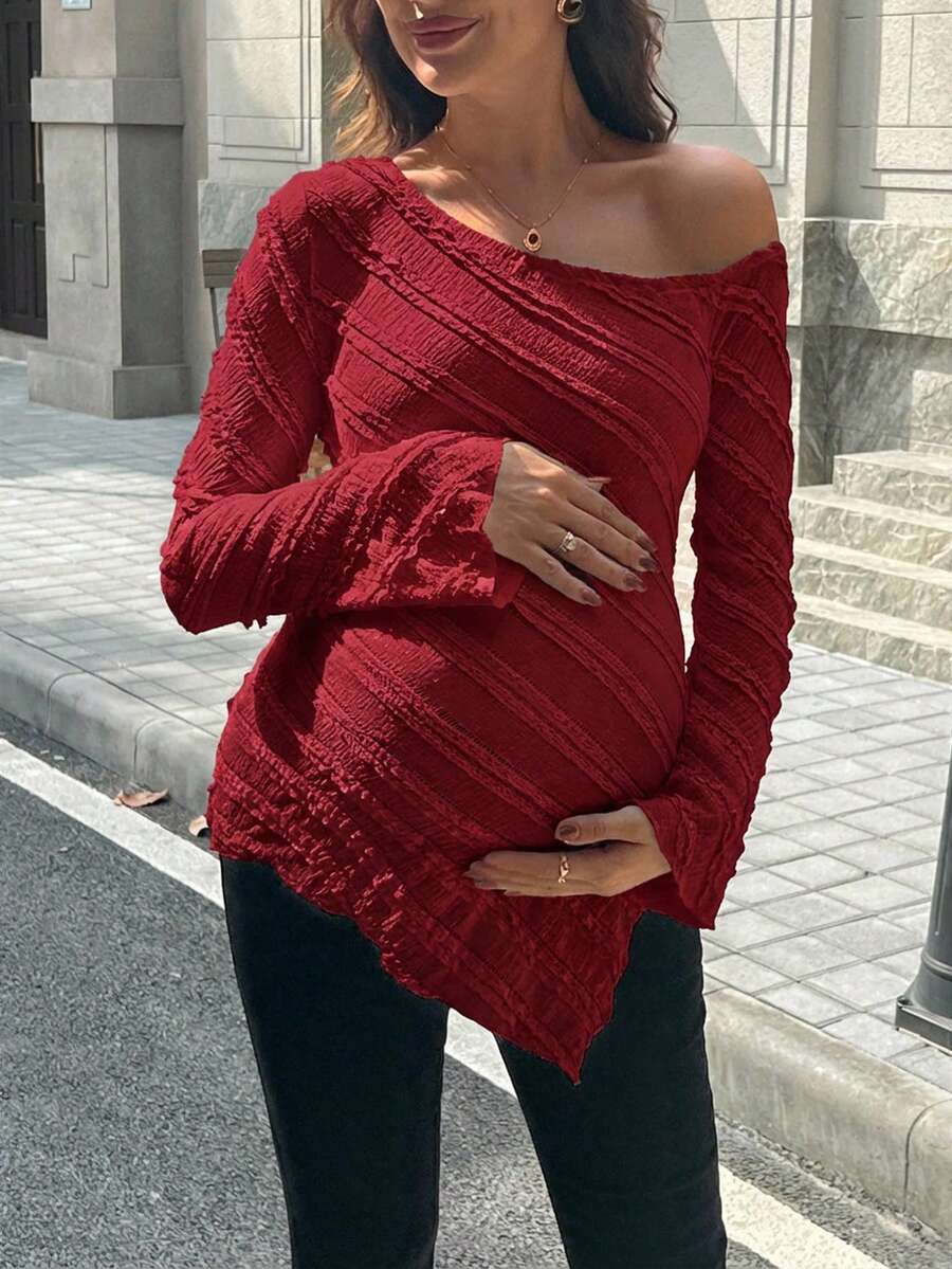 Maternity One Shoulder Long Bell Sleeve Shirt - Asymmetrical Ruffle Hem Slim Fit Rib Knit Jacquard Top for Beach & Casual Wear