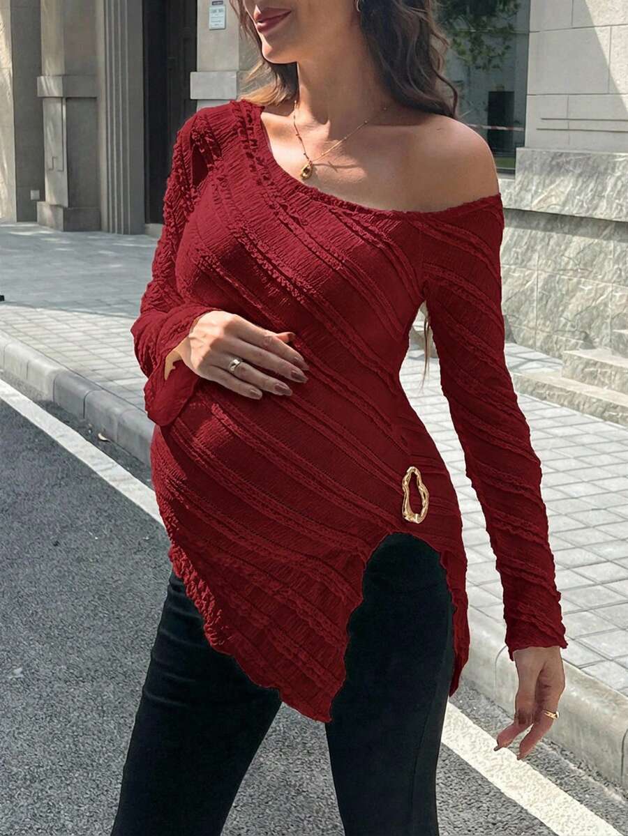 Maternity One Shoulder Long Bell Sleeve Shirt - Asymmetrical Ruffle Hem Slim Fit Rib Knit Jacquard Top for Beach & Casual Wear