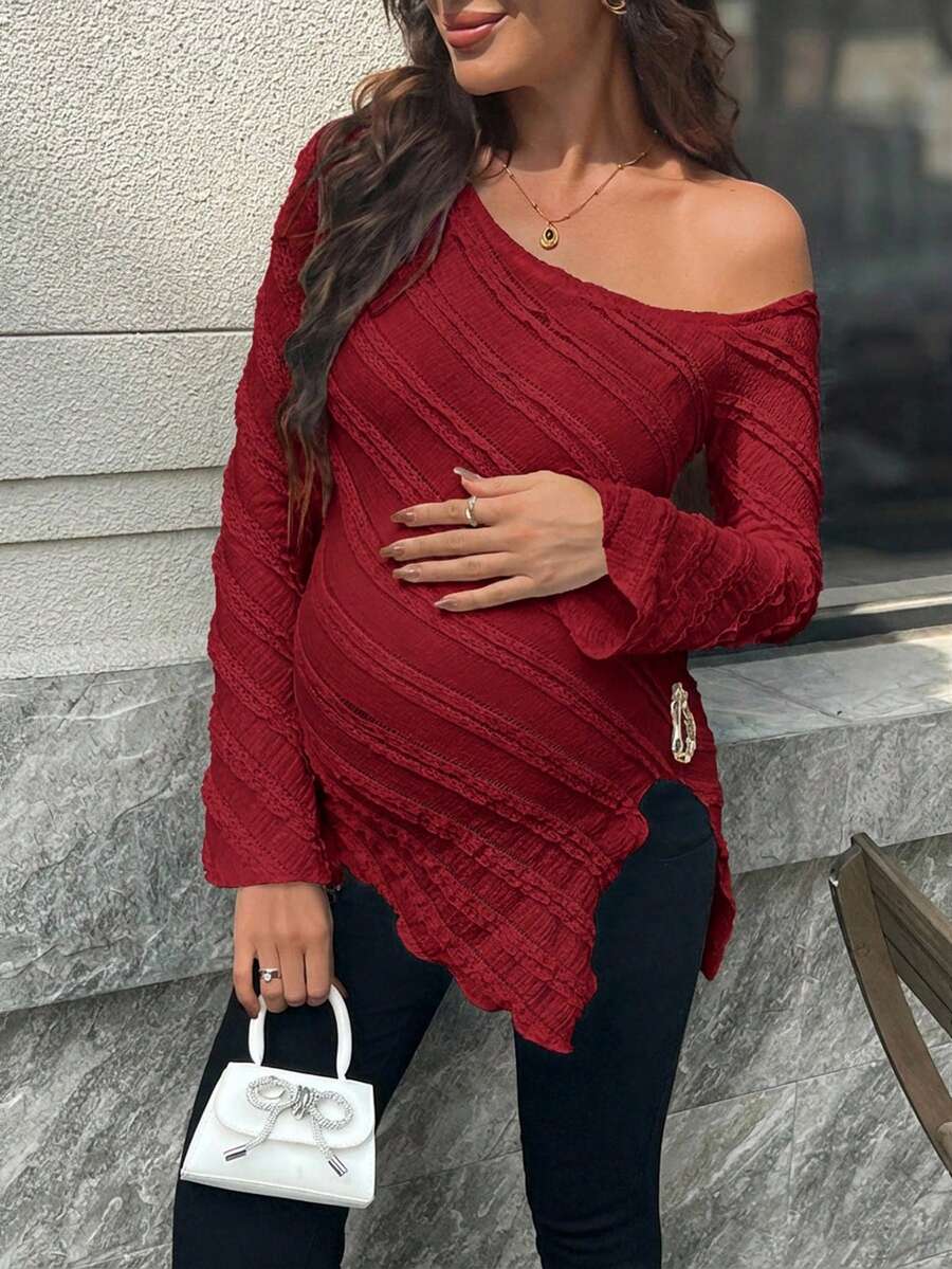 Maternity One Shoulder Long Bell Sleeve Shirt - Asymmetrical Ruffle Hem Slim Fit Rib Knit Jacquard Top for Beach & Casual Wear