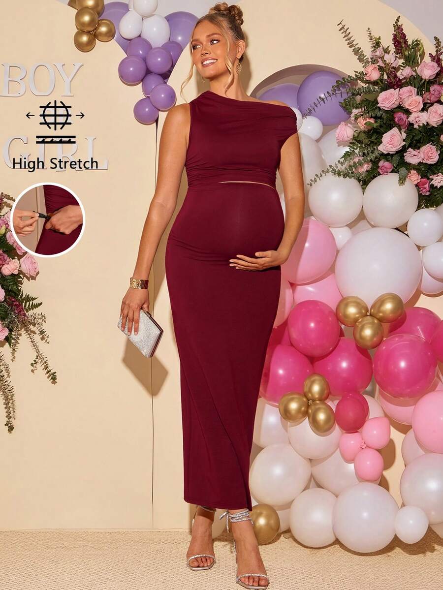 2 Piece Maternity Set Elegant Burgundy Asymmetrical Neck Cropped Top and Adjustable High Waist Skirt for Baby Shower Gender Reveal and Wedding Guest