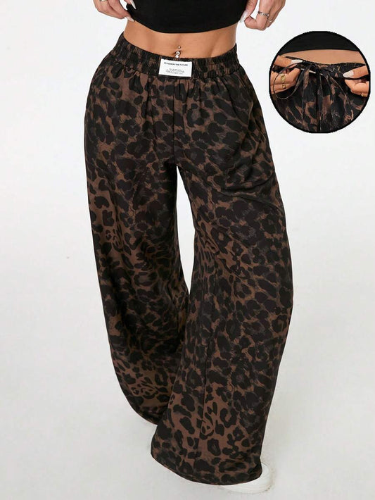 Apricot Allover Print Maternity Straight Leg Pants with Pockets and Ultra High Elastic Waist Loose Fit Casual Long Trousers