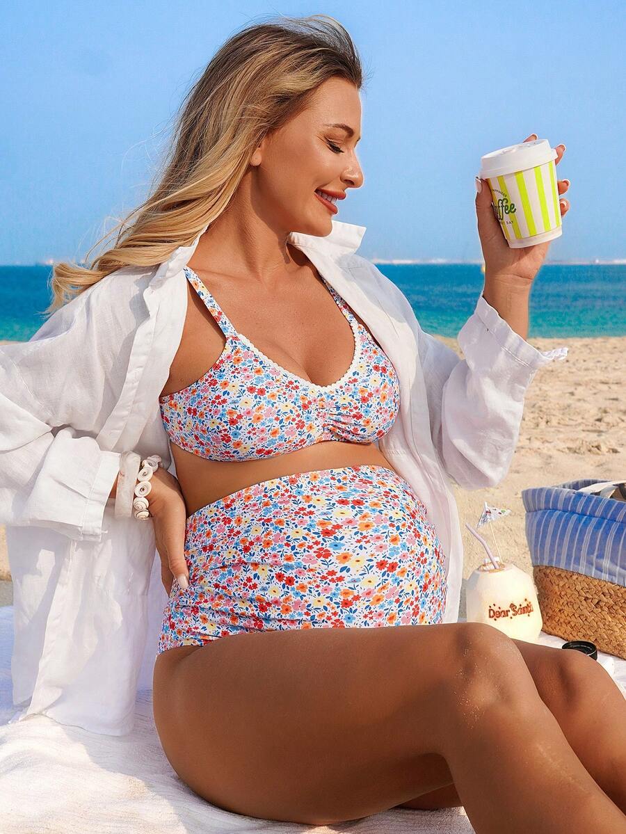 Maternity Pleated Shorts - Jacquard Boho Y2K High Waist Soft Lightweight Beach Daily Wear