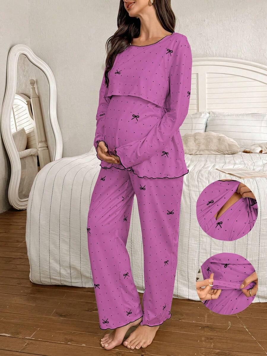 Maternity Pajama Set 2 Pack - Polka Dot Bow Print Crew Neck Long Sleeve Top and Pants, Nursing