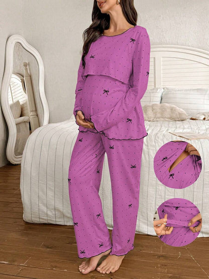 Maternity Pajama Set 2 Pack - Polka Dot Bow Print Crew Neck Long Sleeve Top and Pants, Nursing