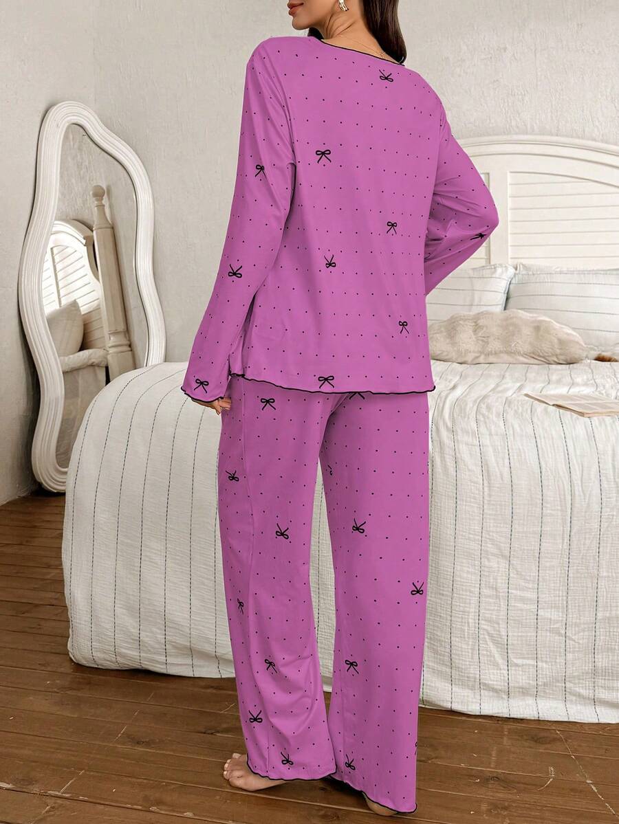 Maternity Pajama Set 2 Pack - Polka Dot Bow Print Crew Neck Long Sleeve Top and Pants, Nursing
