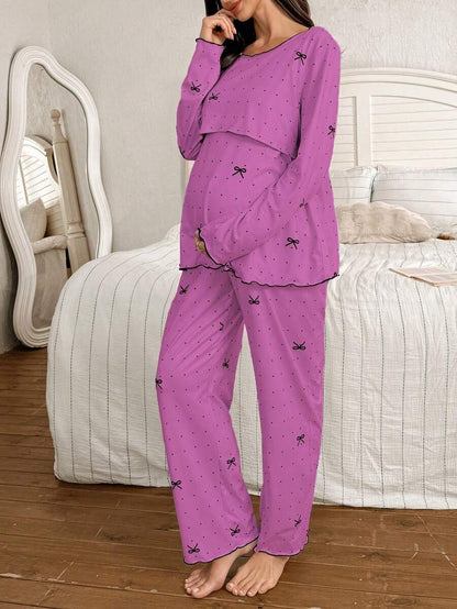 2-Piece Polka Dot Bow Print Maternity Pajama Set - Nursing Friendly Long Sleeve Top and Pants - Soft Stretch Fall Winter Sleepwear for Moms