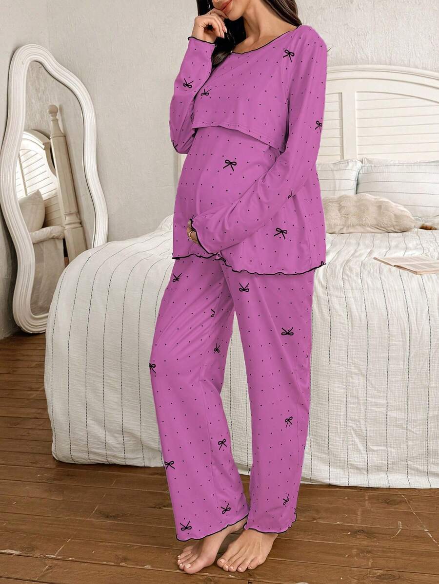 Maternity Pajama Set 2 Pack - Polka Dot Bow Print Crew Neck Long Sleeve Top and Pants, Nursing