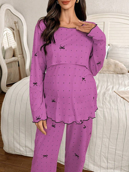 Maternity Pajama Set 2 Pack - Polka Dot Bow Print Crew Neck Long Sleeve Top and Pants, Nursing