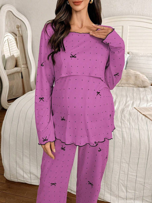 Maternity Pajama Set 2 Pack - Polka Dot Bow Print Crew Neck Long Sleeve Top and Pants, Nursing