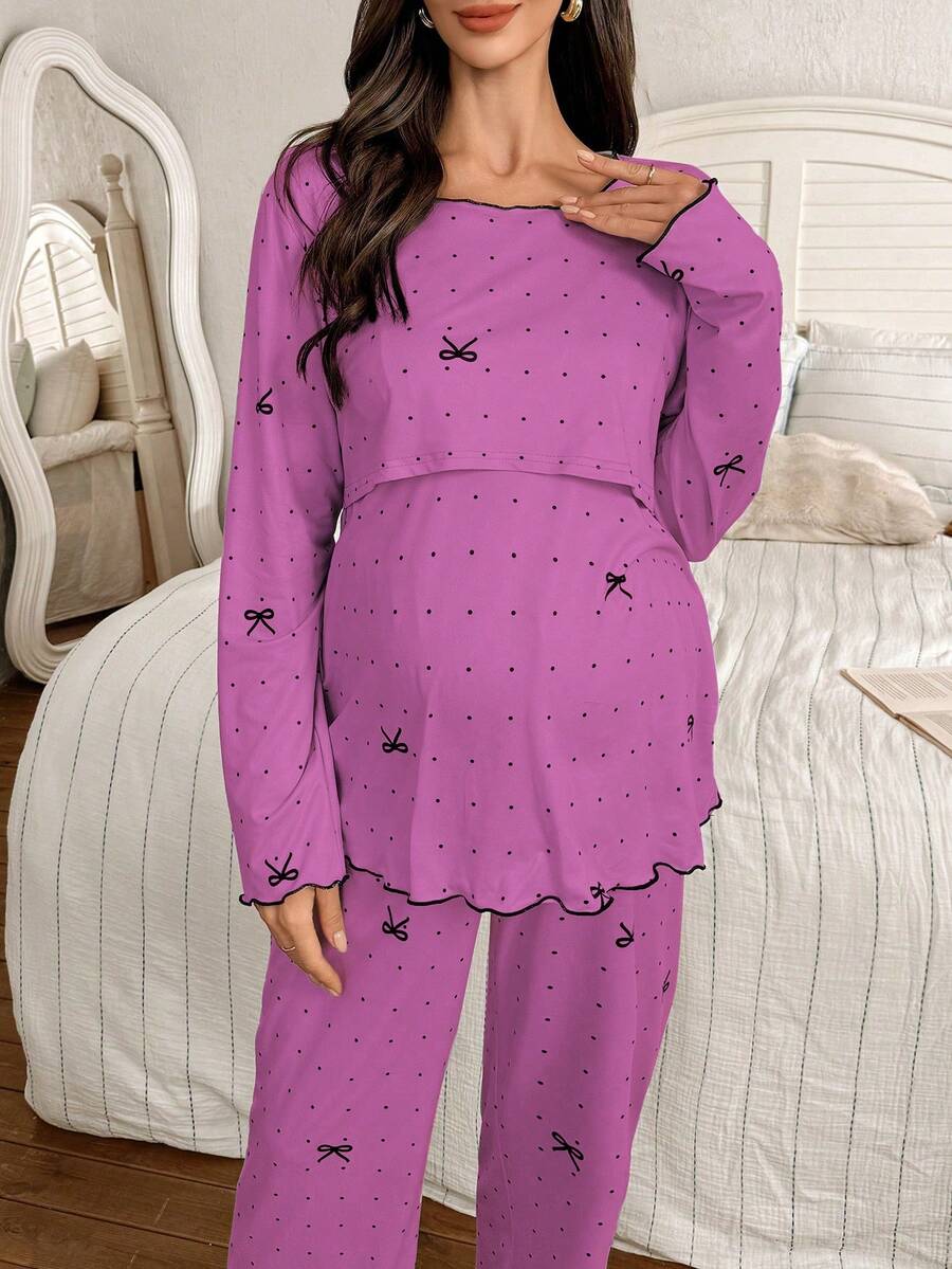 2-Piece Polka Dot Bow Print Maternity Pajama Set - Nursing Friendly Long Sleeve Top and Pants - Soft Stretch Fall Winter Sleepwear for Moms