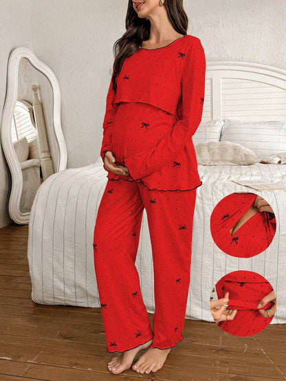 2-Piece Polka Dot Bow Print Maternity Pajama Set - Nursing Friendly Long Sleeve Top and Pants - Soft Stretch Fall Winter Sleepwear for Moms