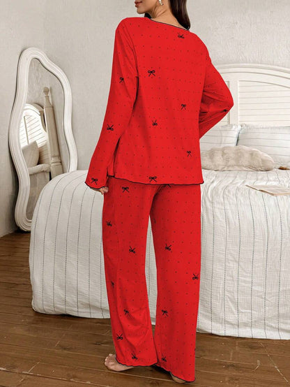 2-Piece Polka Dot Bow Print Maternity Pajama Set - Nursing Friendly Long Sleeve Top and Pants - Soft Stretch Fall Winter Sleepwear for Moms