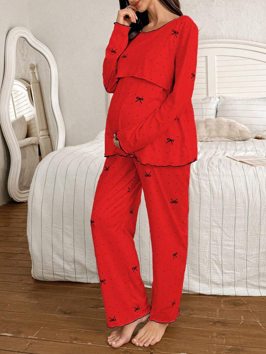 2-Piece Polka Dot Bow Print Maternity Pajama Set - Nursing Friendly Long Sleeve Top and Pants - Soft Stretch Fall Winter Sleepwear for Moms